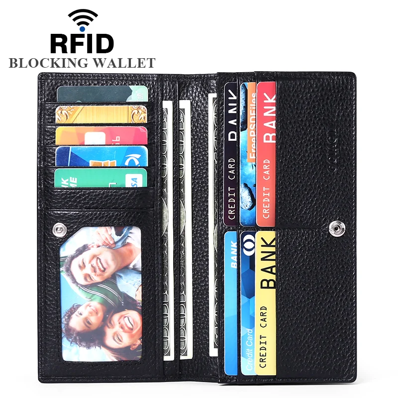 

RFID Women's Wallet Genuine Leather Long Wallet Ultra-Thin Cowhide Clutch Card Holder Zip Coin Purse Casual Wallet Women Cartera
