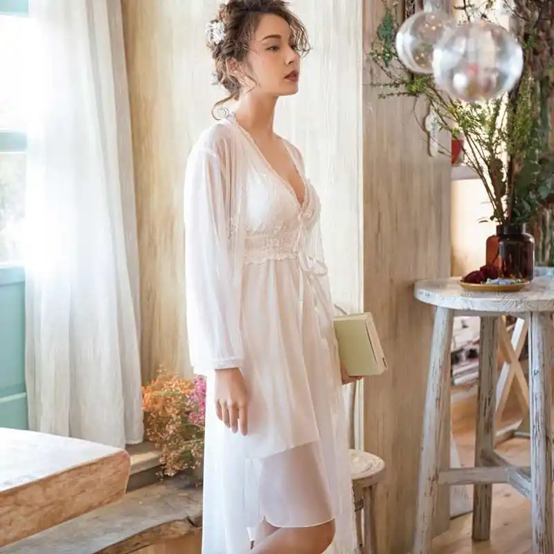 

Sexy Robe Set Silk Dressing Gown White Lace Bathrobe Peignoir Sets Negligee Ladies Nighties Gown Women Set Sleep Clothes