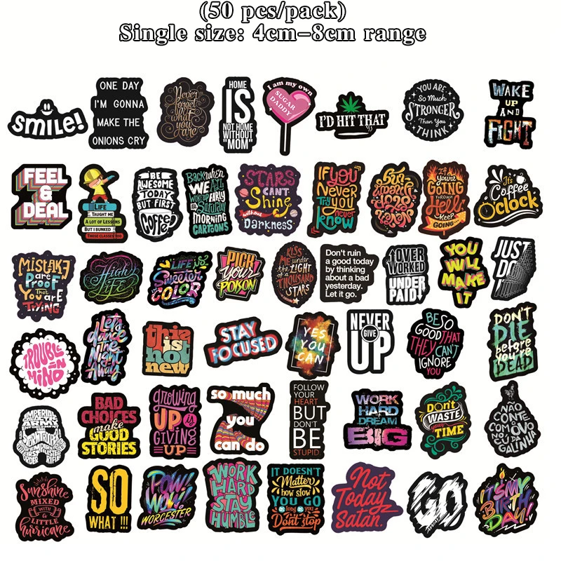 

50Pcs Text Theme Inspirational Short Sentence Literary Artistic Fan Creative Graffiti Sticker Pull Rod Box Notebook PVC Sticker