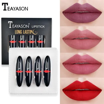

4 Colors Matte Lipstick Set Waterproof Velvet Lip Tint Lips Makeup Pigment Moisture Long Lasting Black Lipstick Tube Batom
