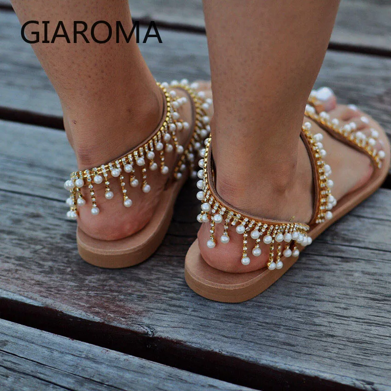 Preise Sandalen Frauen Sommer Schuhe Weibliche Perle Sandalen Strand Schuhe Alias Frauen Casual Flip Flops Plus Größe Gold Zapatos Mujer