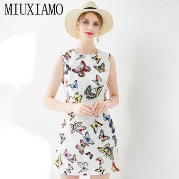 

MIUXIMAO High Quality 2019 Spring&Summer Dress A-Line O-Neck Butterfly Print Diamonds Eleghant Casual Dress Women Vestidos