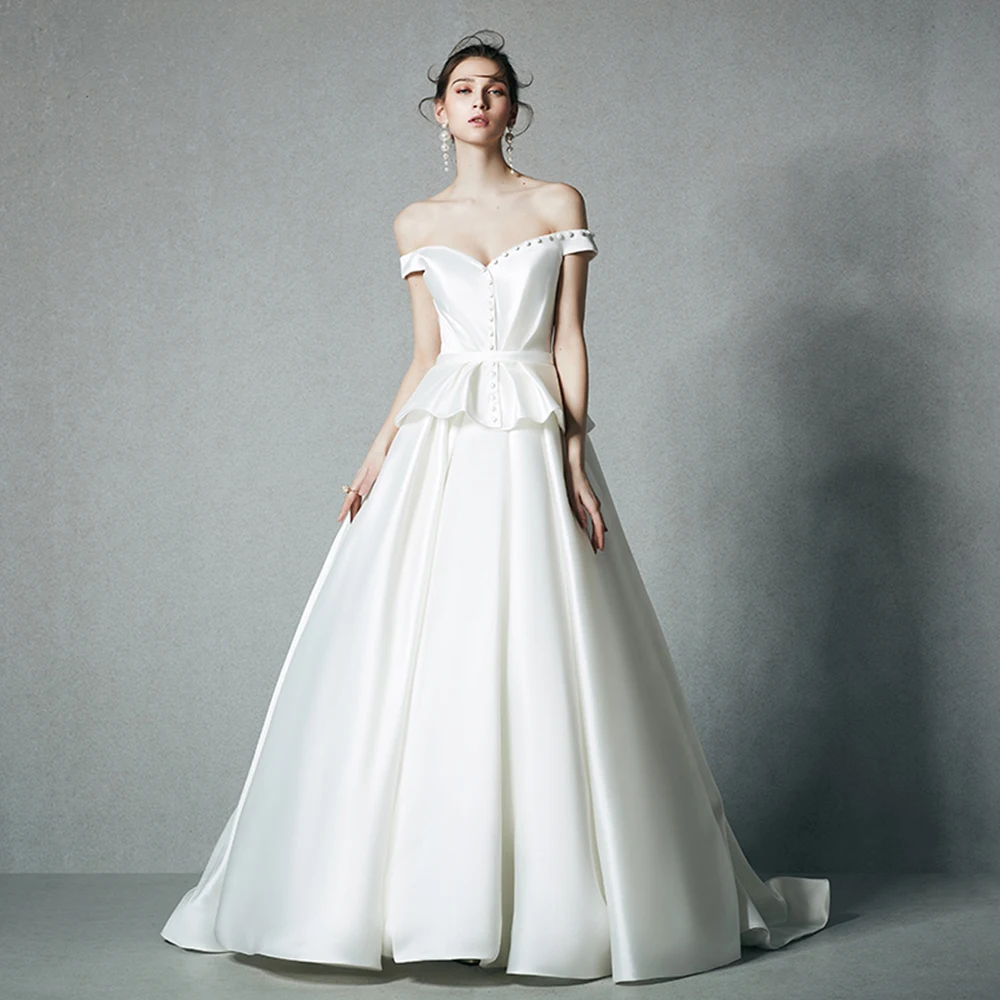 

Satin Wedding Gowns Robe De Mariee Off The Shoulder Buttons Simple Bridal Dresses Plus Size Online Shop China Trouwjurken