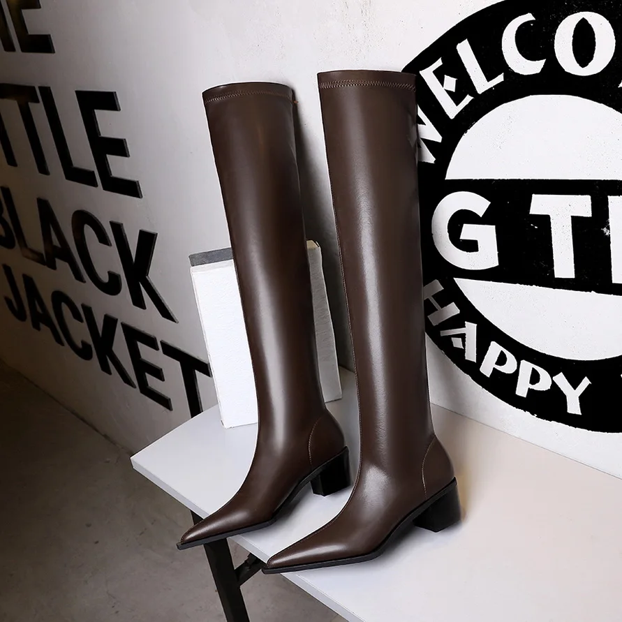 BIGTREE Women Winter High Quality PU Leather Pointed Toe Over Knee Boots Fashion Square Low Heels Booties Woman Shoes