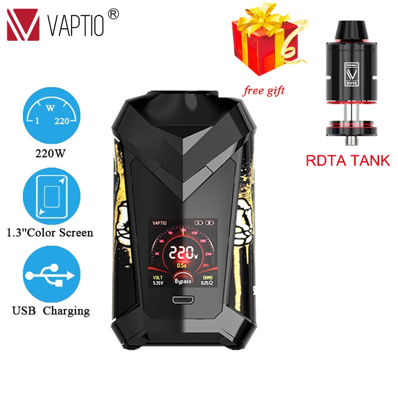 

Gift RDTA/paragonTANK Original 220W Vape mod Vaptio Super Cape box mod E-cigarette 1.3inch HD color TFT screen fit 18650 battery