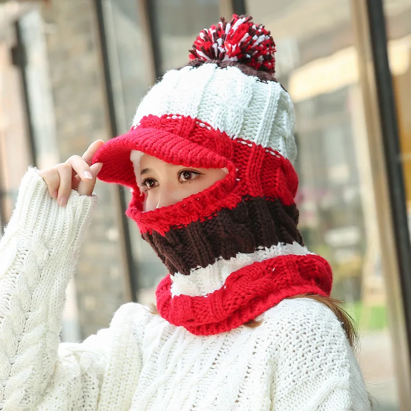 Новые шапочки Skullies женская вязаная шапка женский зимний шарф шапки Pom Poms шапка теплая Балаклава маска многоцветная шапочка - Цвет: Красный