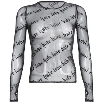 

Rosetic New Sexy T Shirt Women Transparent Mesh Top Letter Print Gothic Tshirt Summer Long Sleeve Tops Goth Black T Shirts 2020