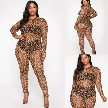 

Women Ladies Leopard Bodycon Mesh Sheer Transparent Slim Playsuit Summer Fitness Pants Trousers Long Sleeve Clubwear Long Pants