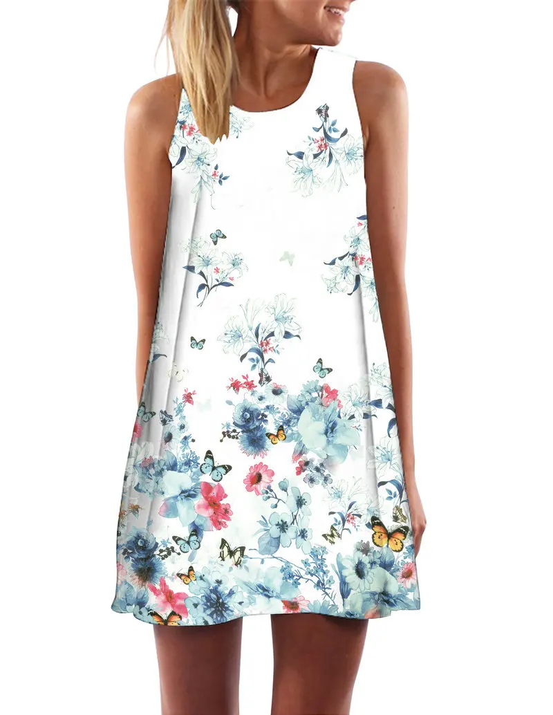 

2019 Europe And America-Style 3D Printed Butterfly Flower Sweet Fresh Strapped Dress Ladies' Summer