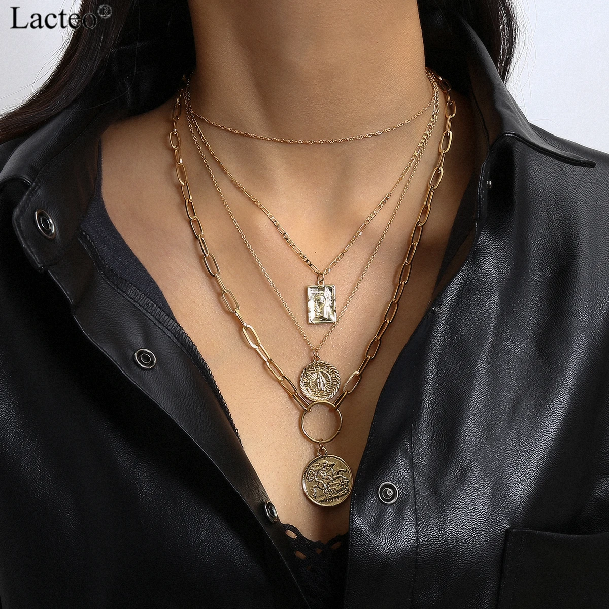 Lacteo, Ретро стиль, 3 слоя, резная монета, Дева Марии, ангел, 3 Подвески, ожерелье для женщин, массивная цепочка, колье, ожерелье, подарки