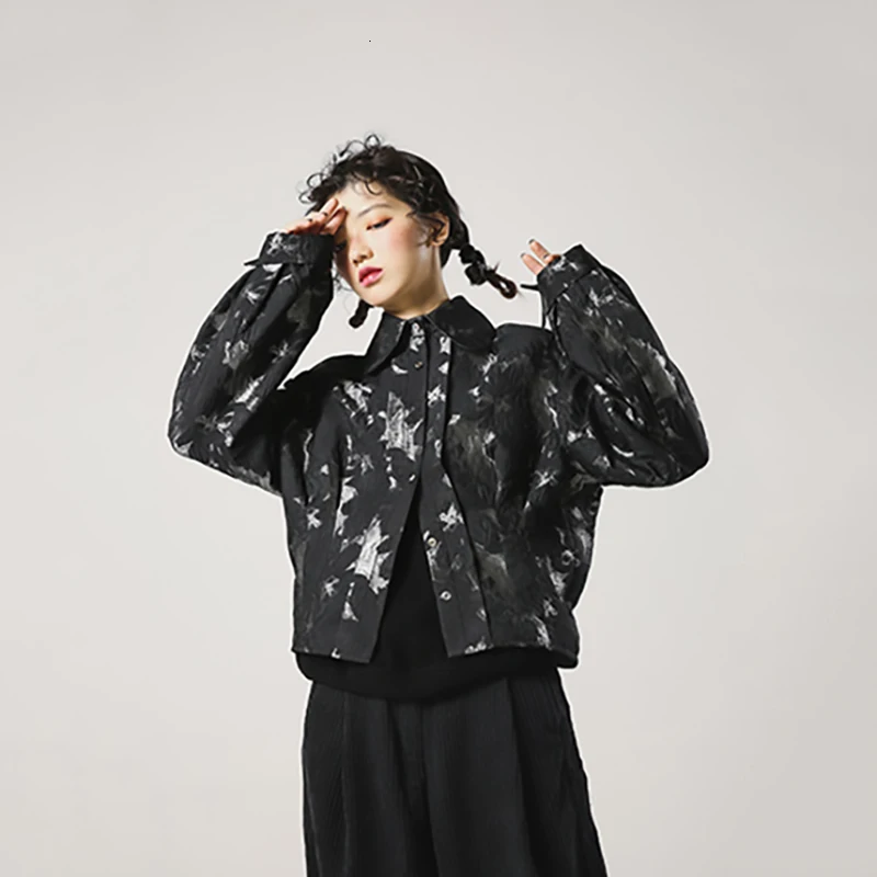 [EAM] Женская блузка с принтом, новинка, с отворотом, длинный рукав, свободная, модная, весна-осень, 1K430
