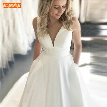 

Excellent White V Neck Wedding Dresses Sleeveless Satin Ivory Backless Bride Dresses Long Court Train Slim Church Wedding Gowns