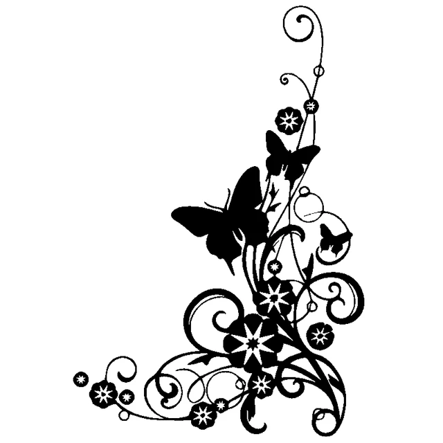 Beautiful Personality Butterfly and Flower Car Sticker Swirly Bottom Right Corner Elegant Car Decal Black/white, 19cm * 13cm black