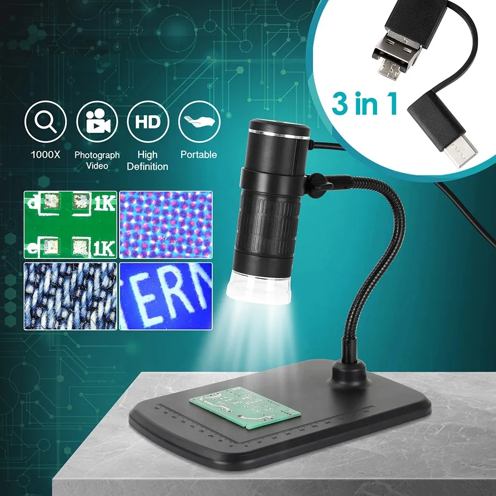 

HD Electron 1000X Digital Microscope with 8 LED 3in1 Plug for Mobile Phone PC Skin PCB Inspection Tools Photo Video Recorder