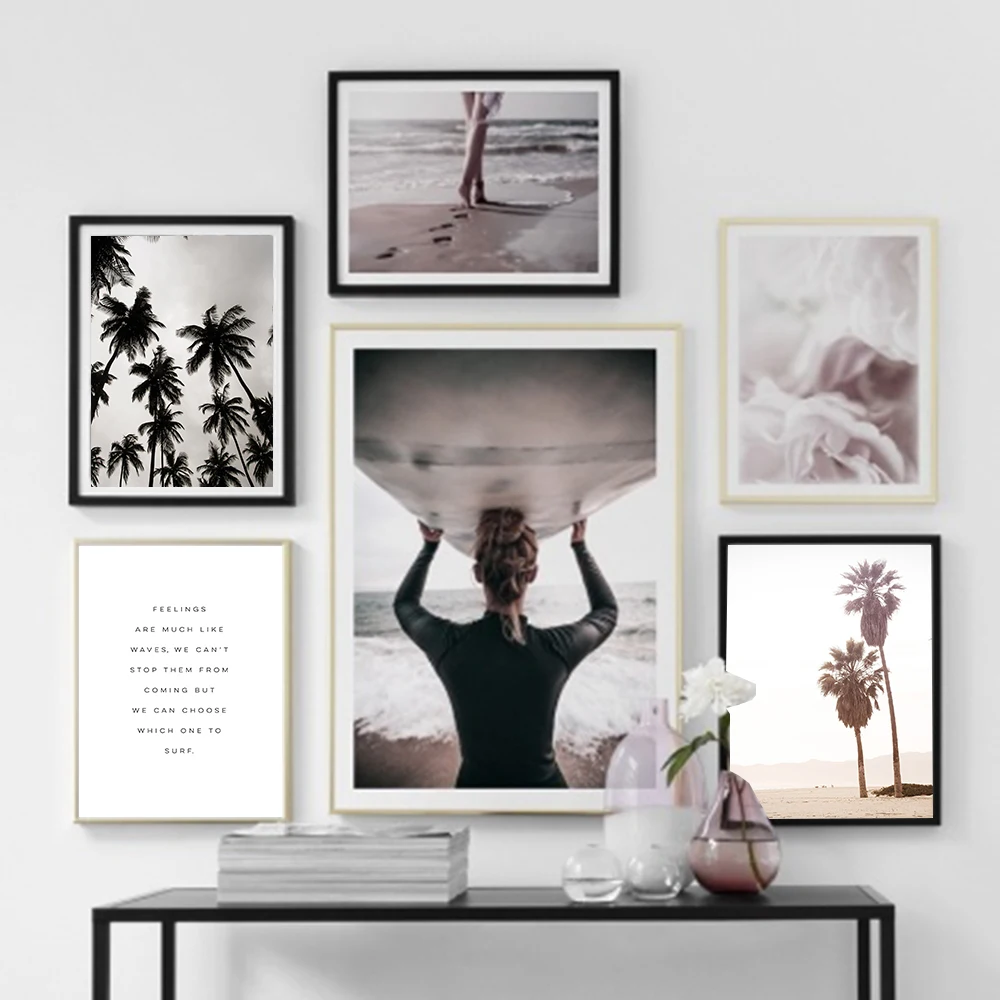 

Surfboard Girls Beach Wall Art Flower Canvas Painting Palm Tree Posters And Prints Wall Positive Letter Pictures For Living Room