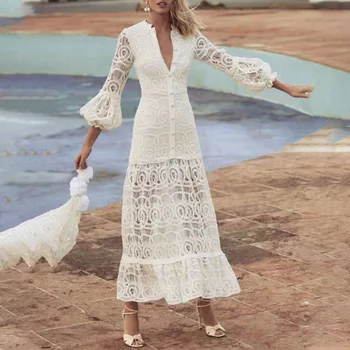 

OUSHANG lotus leaf hollow lace long-sleeved dress women's 2020 spring new palace retro style waist slimming long