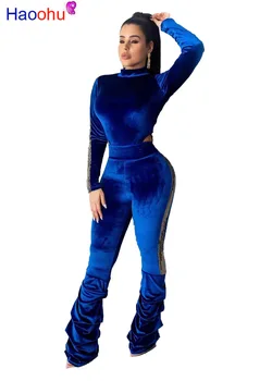 

HAOOHU Women Fashion Velvet Two Piece Set Sequins Patchwork Turtleneck Long Sleeve Bodysuit Top Ruched Pants Christmas Suits
