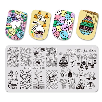 

BEAUTYBIGBANG Rectangle Easter Nail Art Stamping Plate Rabbit Eggs Lily Stamp Template Nail Image Plate Stencil Stamping Polish