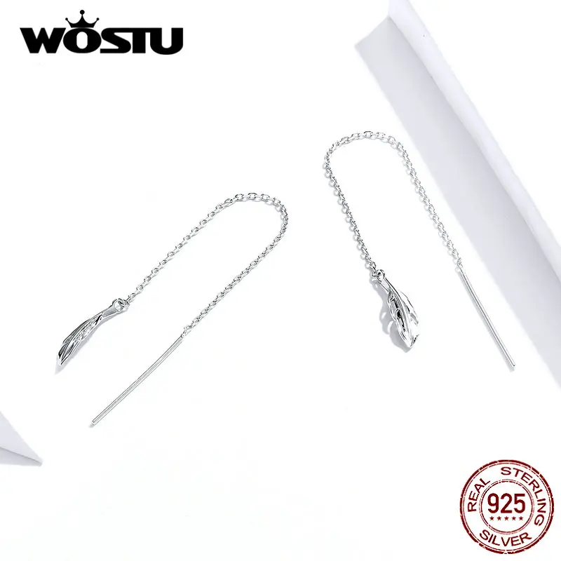WOSTU настоящие 925 пробы серебряные перьевые серьги для женщин Горячая Распродажа простой дизайн таинственные Серьги перья свадебный подарок