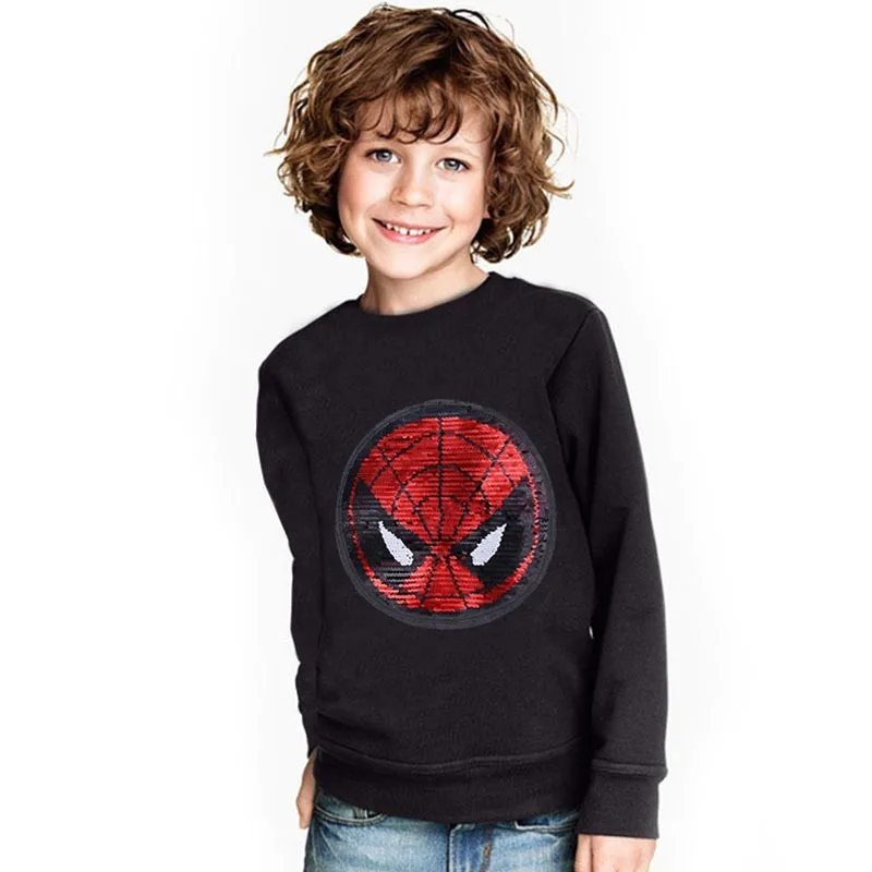 

2019 new flip sequins Spider-man spring and autumn winter children's round neck long-sleeved casual home T-shirt top