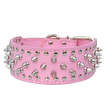 

2x PU Leather Spiked Studded Dog Collar 2 inch Wide 31 Spikes 52 Studs M -Pink & Black