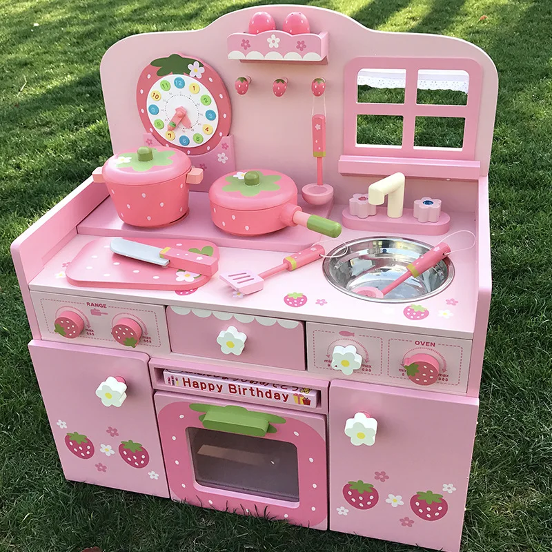Children's Pink Strawberry Kitchen Stove Simulation Play House Cut