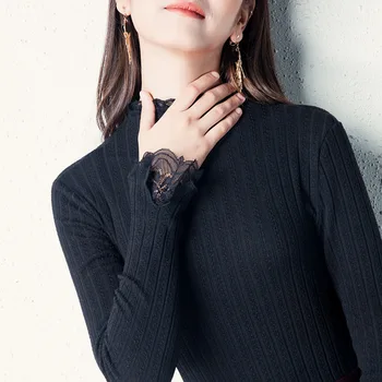 

Korean Fashion Turtleneck Patchwork Lace Sweater 2019 New Autumn Winter Clothes Women Top Mujer Slim Bottoming Shirt M97802