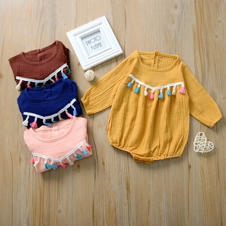 

Baby Triangle Romper Girl Soild Colour Tassels Characteristic Climb Clothes Long Sleeve Unlined Upper Garment Baby Autumn