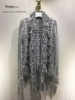

luxury designer high end fall 2020 women Autumn Winter Gold Metal Buckle Decorative Tassel Edge knitted Woolen cardigan sweater