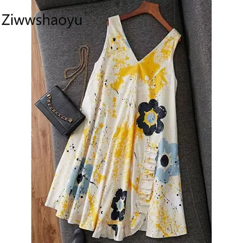 

Ziwwshaoyu 2020 New Designer High Quality Summer Cotton Flower Print Sleeveless Loose Casual V-Neck Dresses Women's Clothing