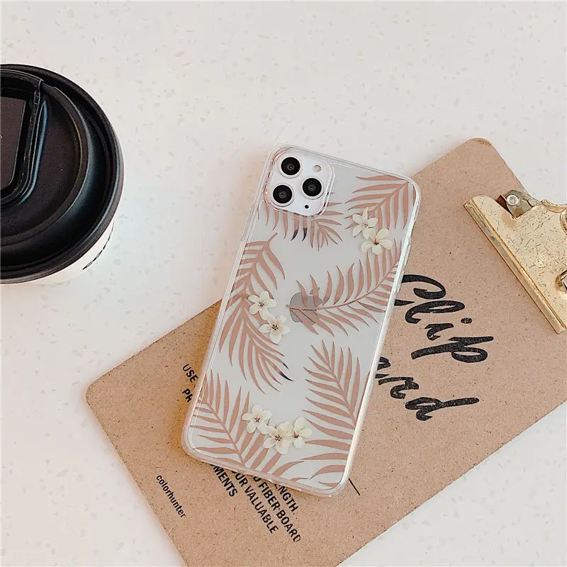 Корпус телефона с гальваническим покрытием для iPhone 11 11Pro Max XR XS Max X 8 7 Plus Простой ТПУ Мягкий цветок листья защитный чехол против пыли