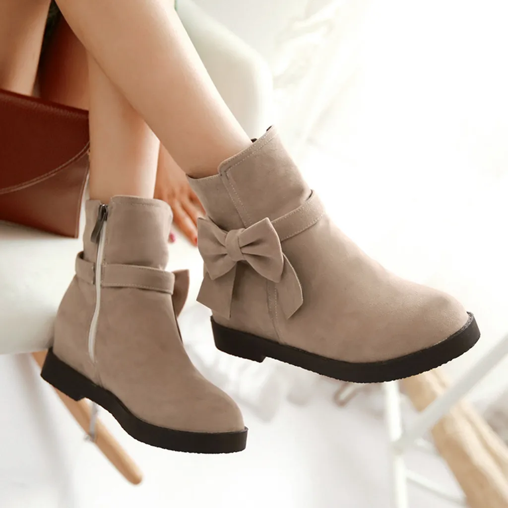 Bonitos zapatos mujer con lazo, botines de Invierno para mujer, talla grande 35-43, botas aterciopeladas con punta redonda y cremallera para nuevos zapatos planos 2019 - AliExpress Calzado
