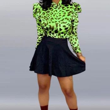 

Fashion Ruffles Long Sleeve Leopard Print Slim Tops & High Waist Slim Mini Skirts Set Casual Women 2 Piece Outfits Streetwear