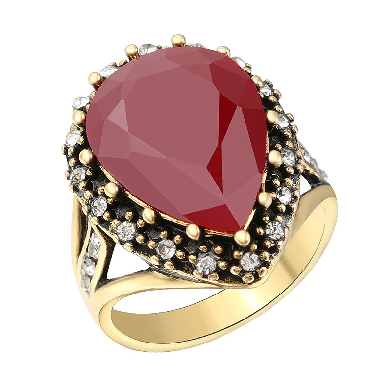 Vintage Mosaic Zircon Rings 1PC Antique Golden Crystal Ring Turkish Oval Jewelry Black Red Green Resin Stone Women Boho Wedding