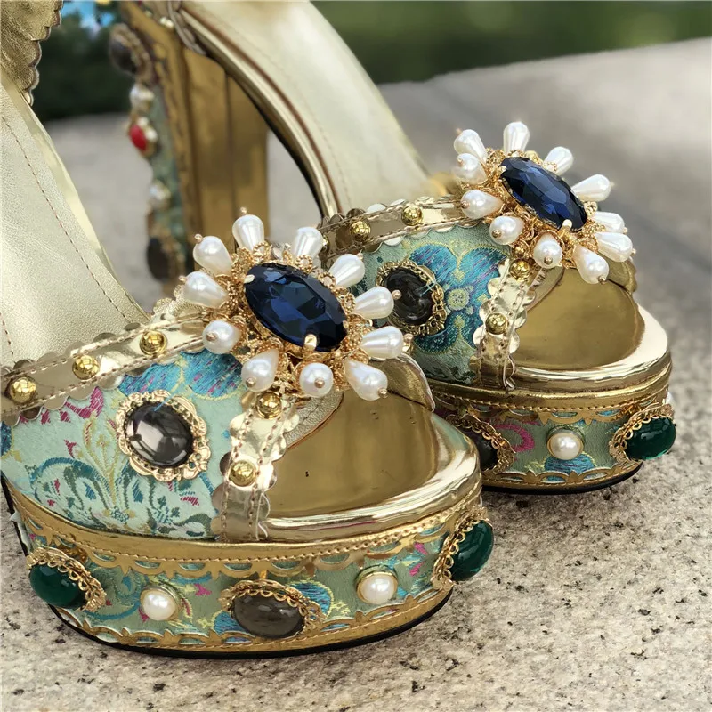 Blue Silk Shoes Woman Peep Toe Decor Pears Narrow Bucke Chic Chunky Square High Heels Studded Crystal Sandalias Woman Sandals