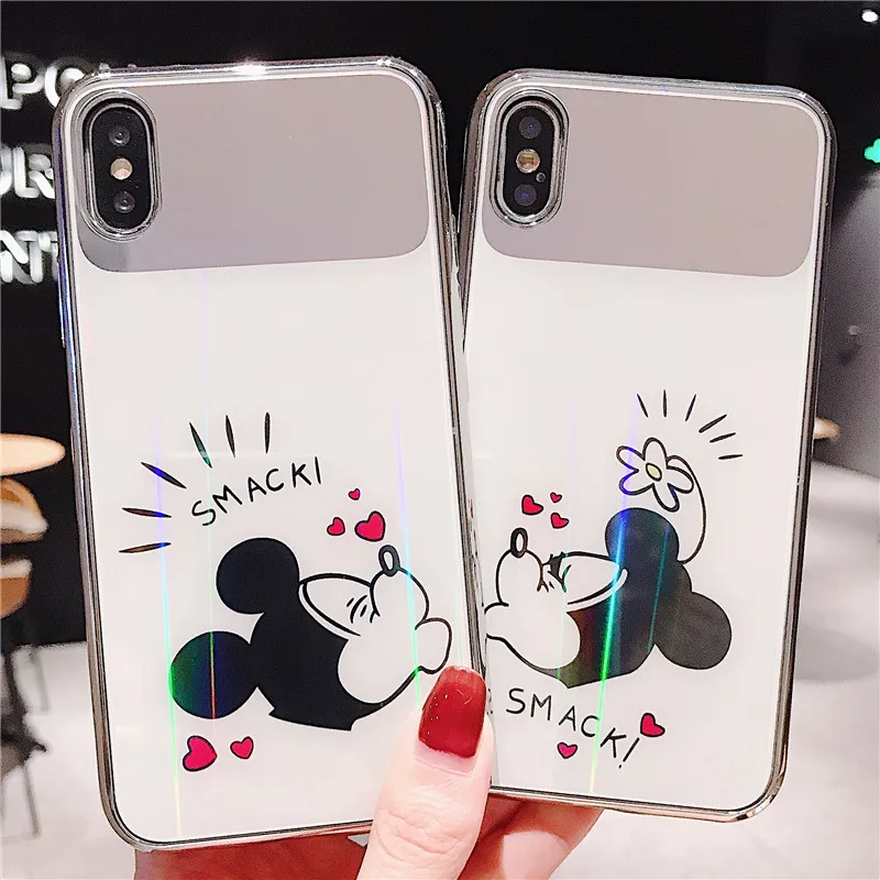 

Cartoon makeup mirror Phone cases for Apple iPhone X XR XS XS Max 7 8 6s 6 plus cute funny Mickey laser aurora hard glass cover