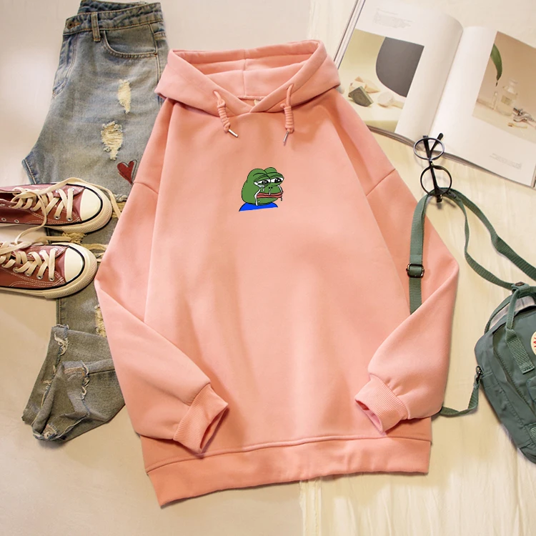 Забавный мультфильм Плачущий лягушка принт зима Kawaii Толстовка уличная Harajuku пуловер флисовая негабаритная Толстовка Женская Толстовка