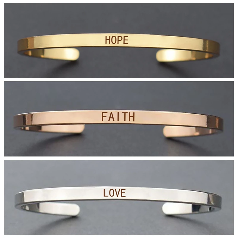 Модный простой Выгравированная манжета браслет "HOPE" "LOVE" "FAITH" Гравированный браслет металлический браслет женский Рождественский подарок