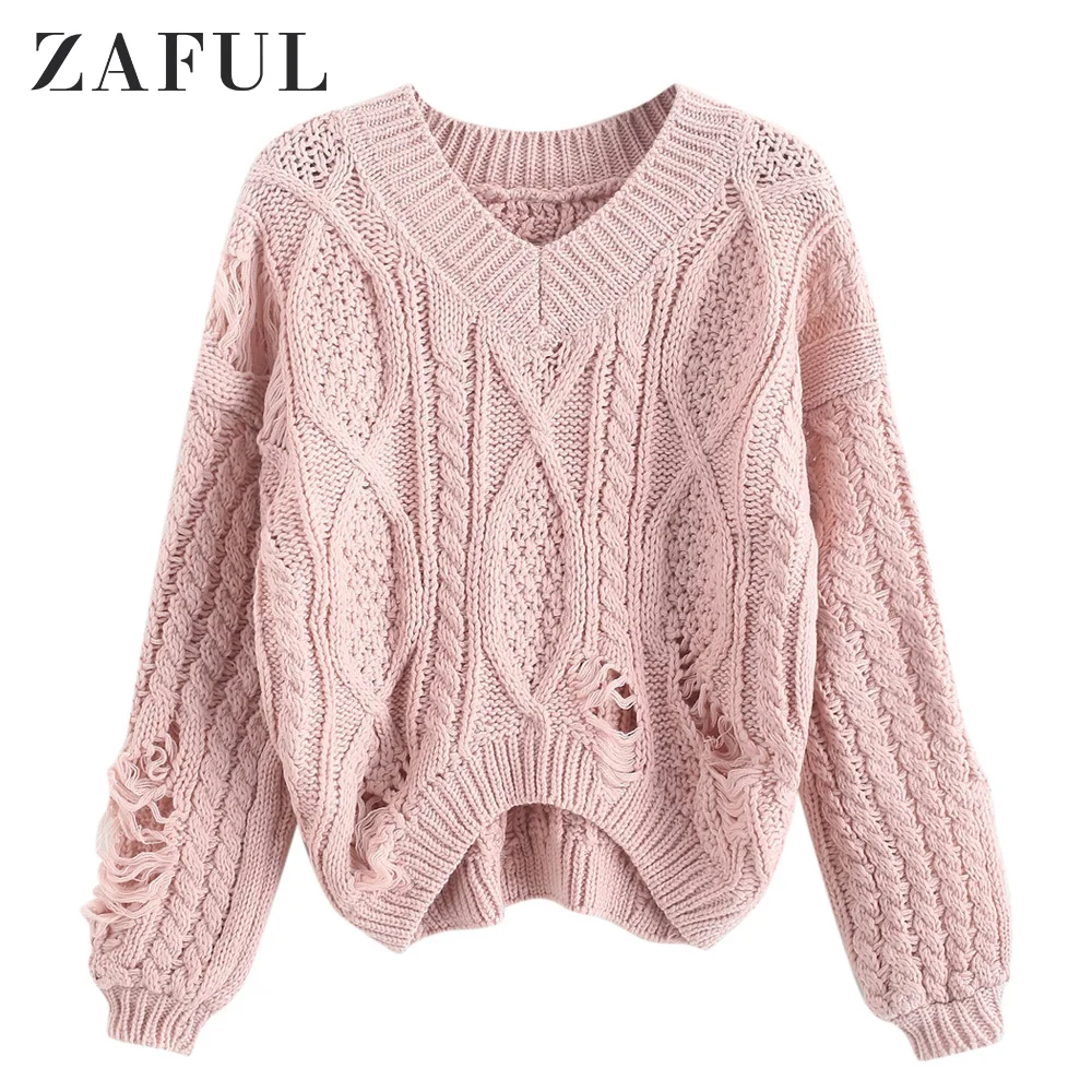 \ "ZAFUL рваные коренастое Кабельное Проблемные заниженной линией плеч свитер для Для женщин, v-образный вырез, однотонная одежда с длинными рукавами рваные отверстие Пуловеры