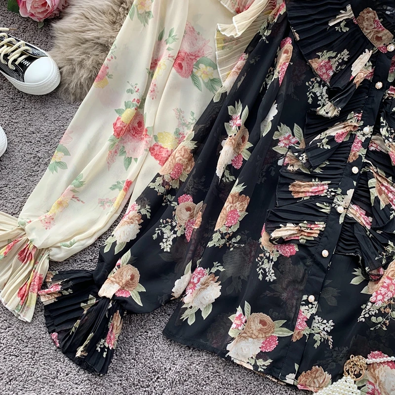 Neploe, женская шифоновая блузка, плиссированная, с оборками, из кусков, Blusas, топ, новинка, Корейская, расклешенная, с длинным рукавом, с цветочным принтом, рубашка 55846