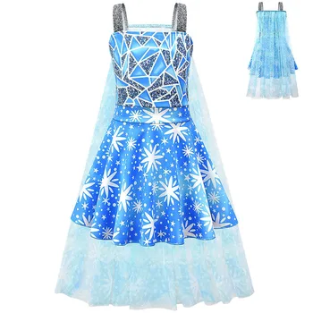 

Snow Queen 2 Cosplay Elsa Anna Princess Dress summer suspenders Ballet dresses with cloak Christmas brithday Party gift for girl
