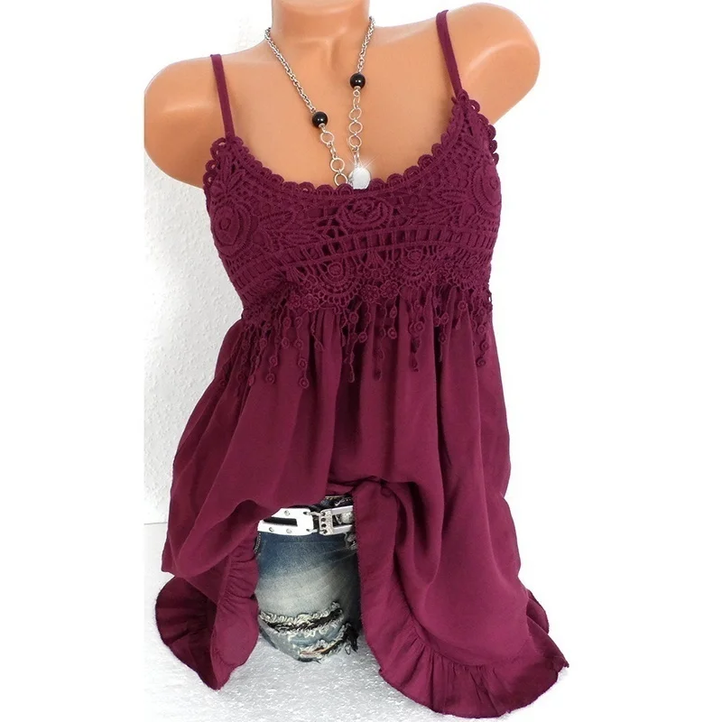Большие размеры, модное женское сексуальное платье-жилет, летний топ без рукавов, кружевная майка, блузка, 7 цветов - Цвет: Burgundy