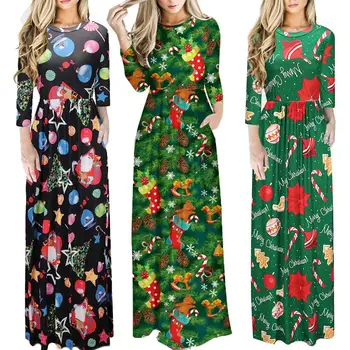

Hot Women Floral Print Long Sleeve O-Neck Tight Waist Maxi Dress Christmas Costume