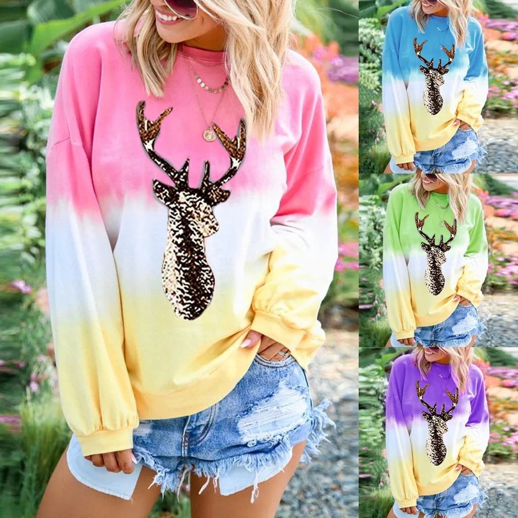 Poleras mujer de moda camiseta mujer футболка Женская толстовка с длинным рукавом цветной Галстук окрашенный принт с рождественским лосем пуловер