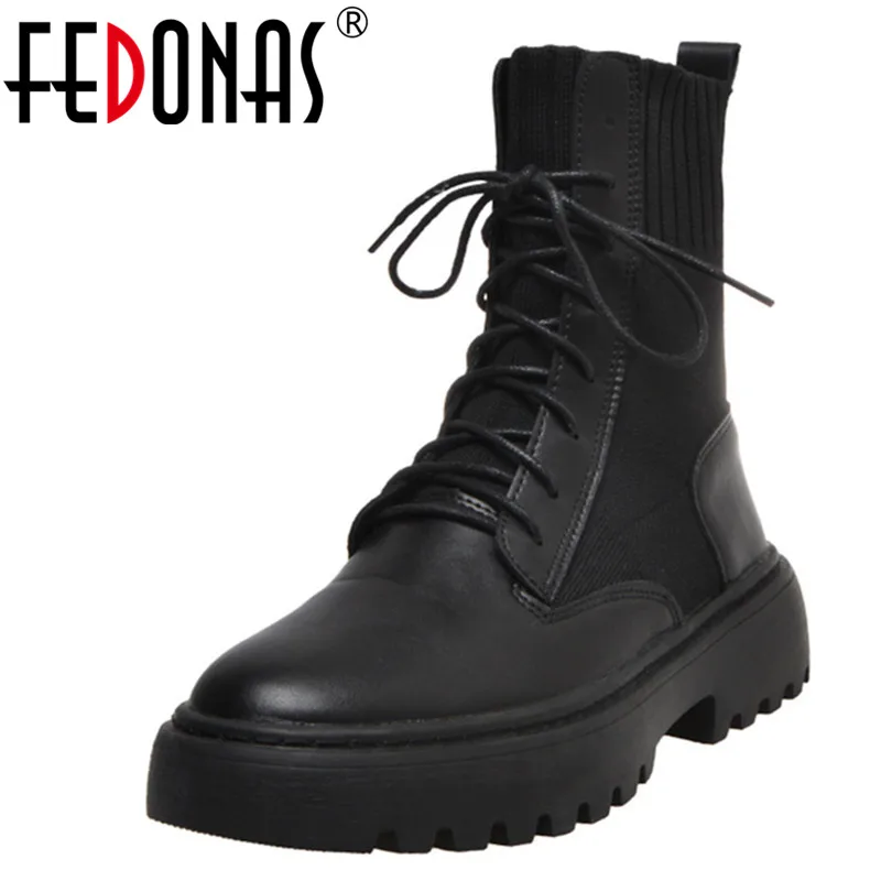 FEDONAS Genuine Leather Knitting Women Ankle Boots Winter Warm Stretch Punk Chelsea Short Dancing Party Shoes Woman | Обувь