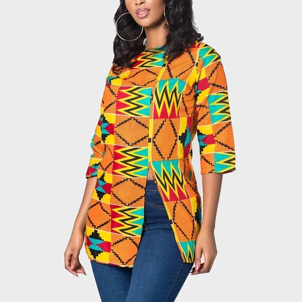 Fadzeco африканская одежда для женщин Базен Дашики футболка Африканский принт блузка Анкара Стиль Сторона Сплит круглый воротник Топы