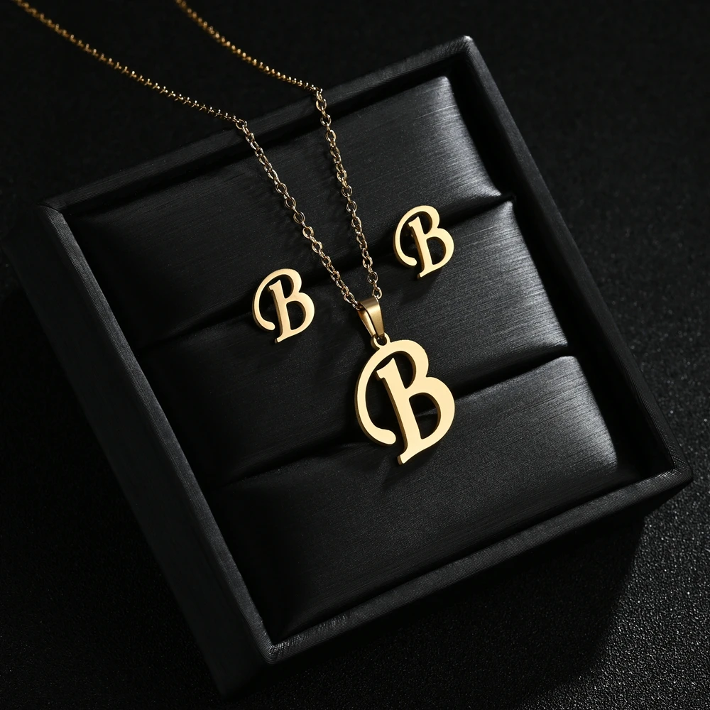 A-Z Stainless Steel Initial Necklace And Stud Earrings Jewelry Sets Alphabet Pendant Chain Letter Accessories Gifts