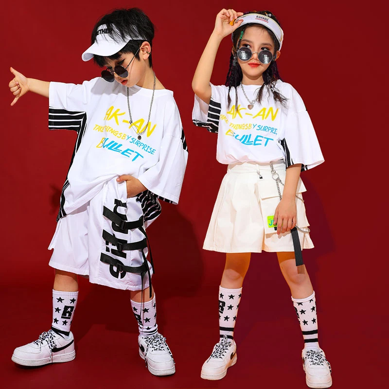 White Jazz Dance Costume Kids Hip Hop Practice Wear Street Printing Stage Performance Clothing Hiphop Rave Clothes DC4946 |