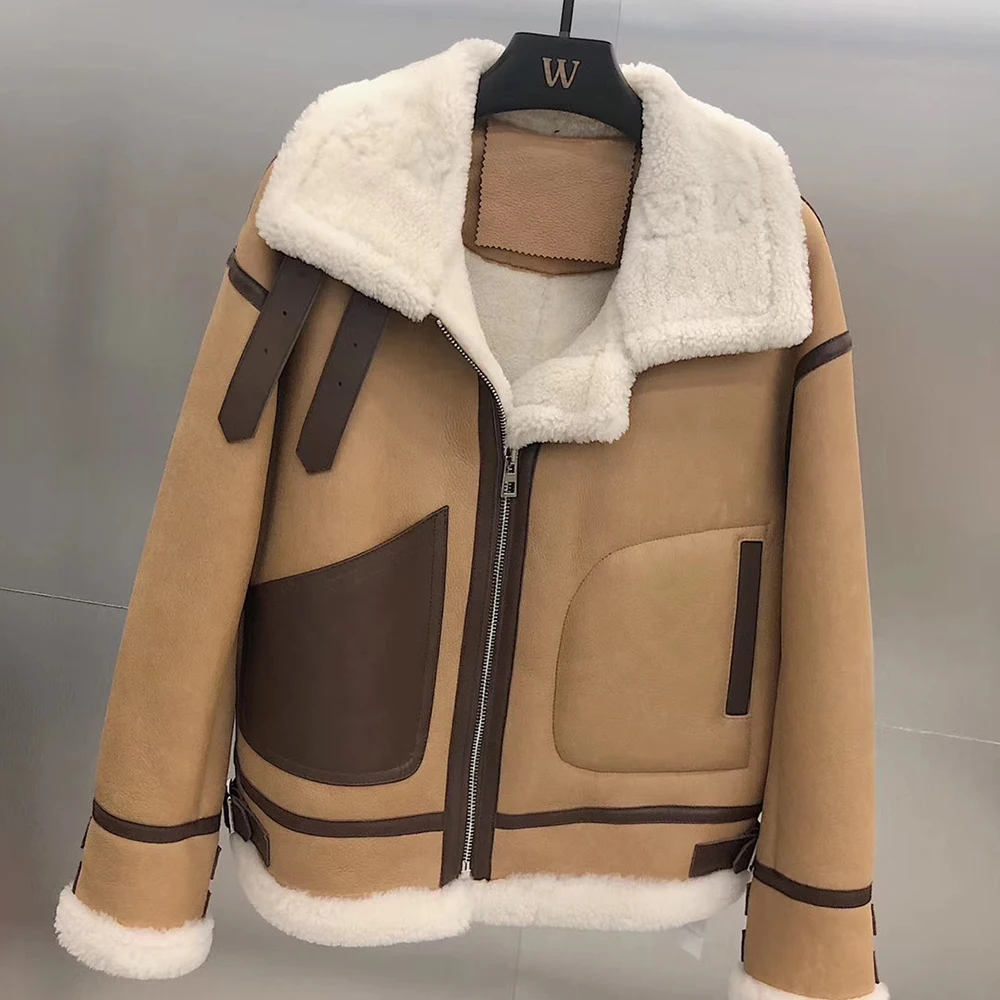 Real tuscany sheep fur-in-one coat women genuine leather jacket women luxury high quality clothes new fashion style