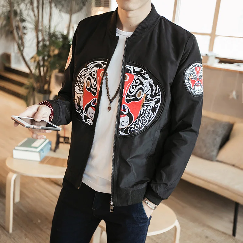Spring new Chinese Style Men's Facebook Embroidery Jacket Fashion Slim Straight Large Size Stand Collar Baseball Wear 5XL | Мужская